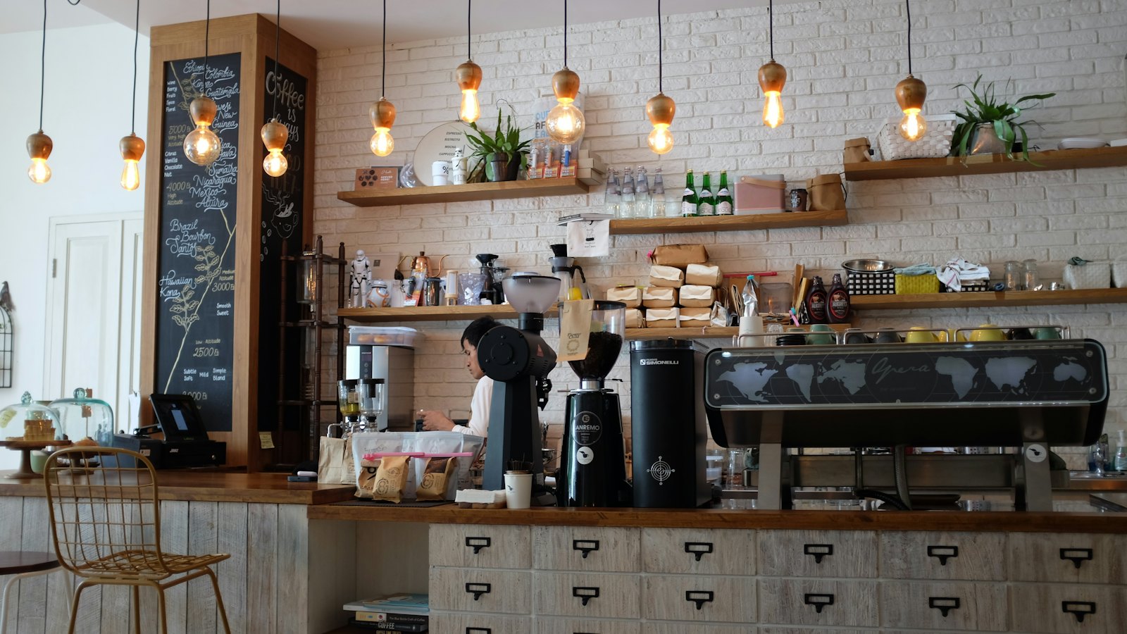 Bright cafe interior with pendant lights