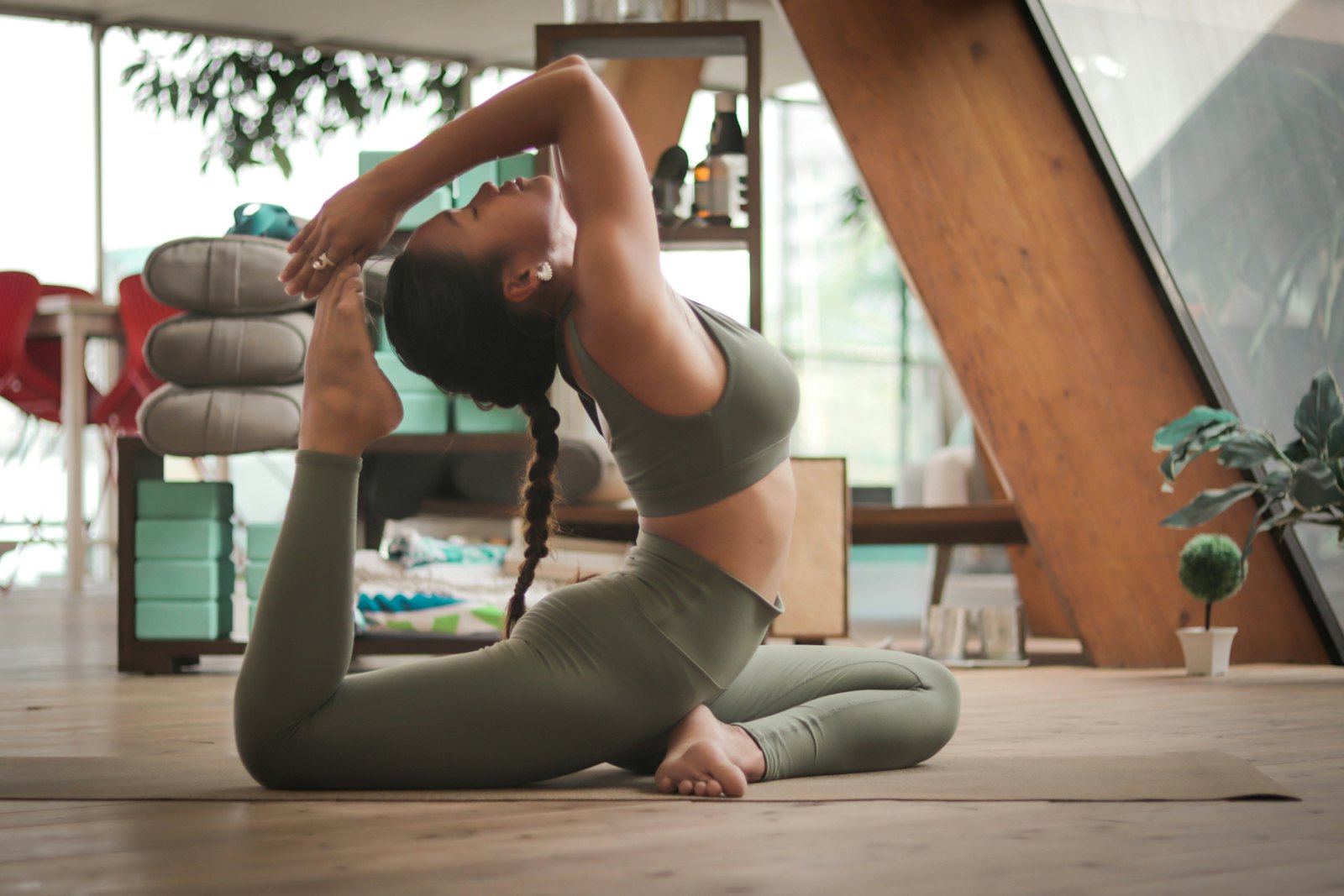 Deep stretch on a yoga mat